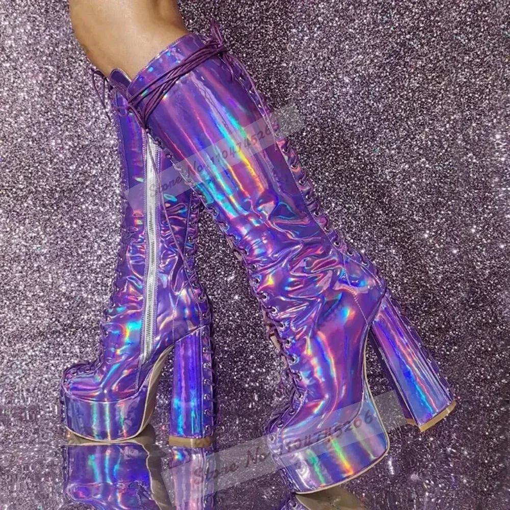 

Purple Hologram Iridescent Chunky Heel Knee High Boots Shiny Patent Leather Reflective Platform Tall Boots Cross Tied Lace-Up
