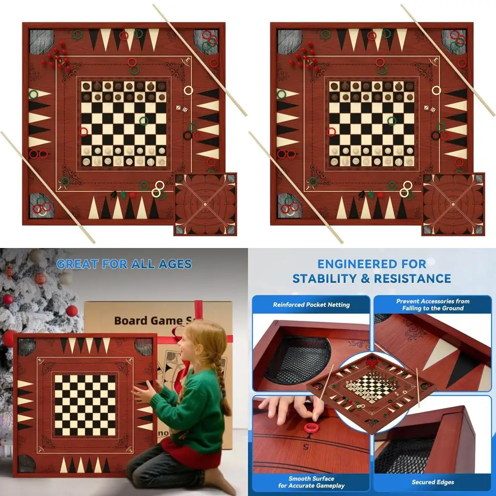 

All-in-One 27.5 Crokinole, Backgammon, and Bowling Tabletop Game Set for Adults and Family Fun
