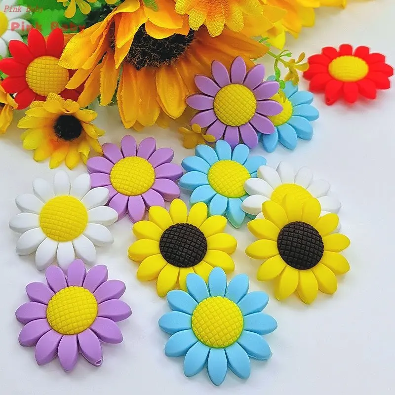 10pcs Sunflower Silicone Beads  BPA Free Baby Silicone Teether Food Grade Chew Toys For Making Pacifier Chain Accessories