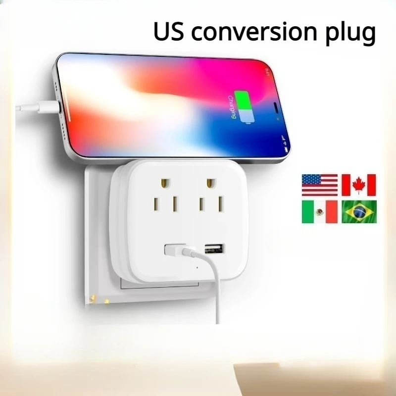 Enchufe de conversión de viaje para EE. UU., Br, Canadá, Brasil, blanco, 2 salidas, 2USB, oficina, dormitorio, enchufe de conversión