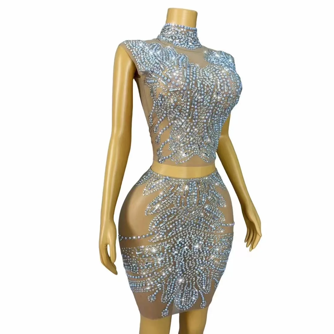 Women Sparkly Crystals Top Short Skirt Two Pieces Sexy Mesh Transparent Celebrate Evening Prom Birthday Dress Show Stage Wear