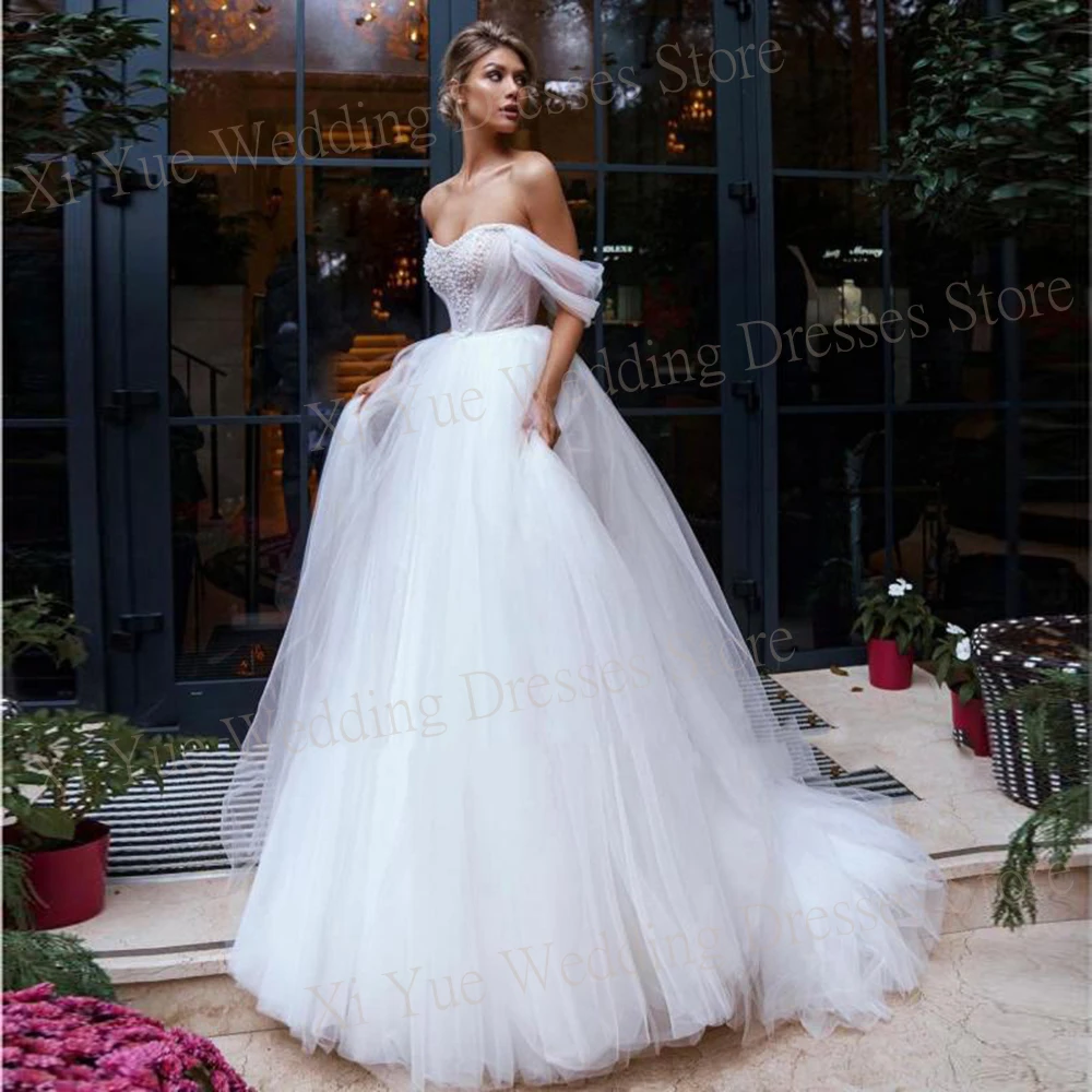 Vestido de novia elegante con escote Corazón, traje de novia con apliques de encaje, hombros descubiertos, sin mangas, tul, 2024