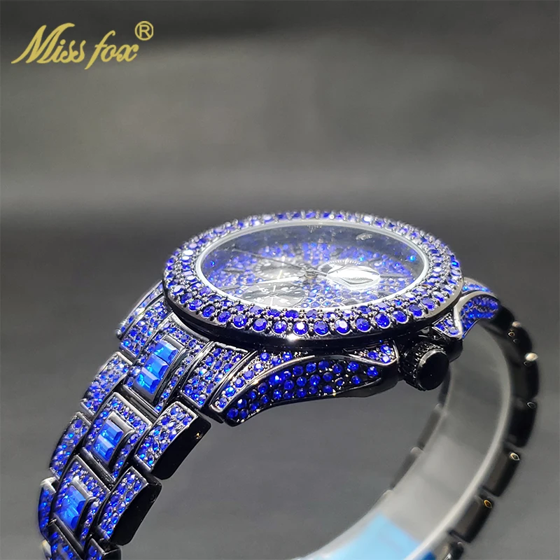 Blue Iced Out Watches For Men Special Trendy Luxury Diamond Quartz Watch For Male Hip Hop Gothic Street Style Clock Dropshipping