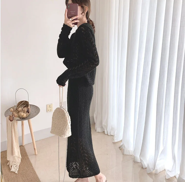 knitting suit women hollowed-out pencil long skirt casual Long sleeves sets