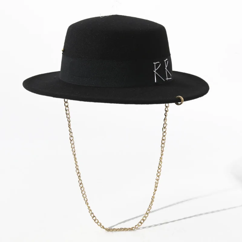 Autumn Winter Fedora Hat Women's R&B Fashion Flat Top Hat RUS Decorative Pearl Chain Luxury Design Felt Hats