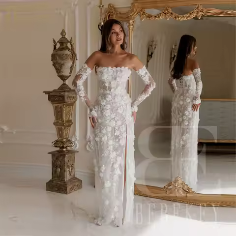 BEBEKEY Customized Luxury White Evening Dress with 3D Beaded Flower Dubai Women Wedding Party Gowns Elegant Prom Dress Robe