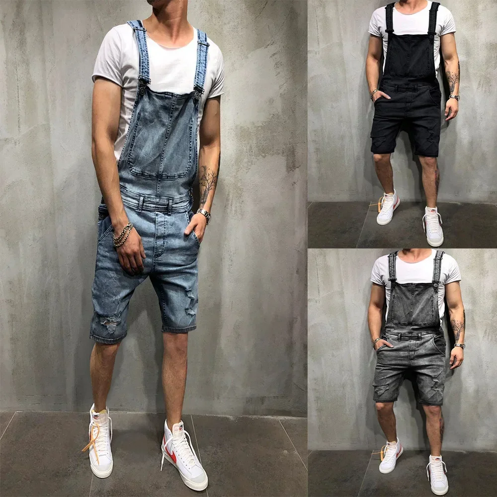 Jumpsuits Denim Men Jeans Overalls One Piece High Street Pockets Cargo Straight Pants Solid Washing Distressed Spliced Autumn