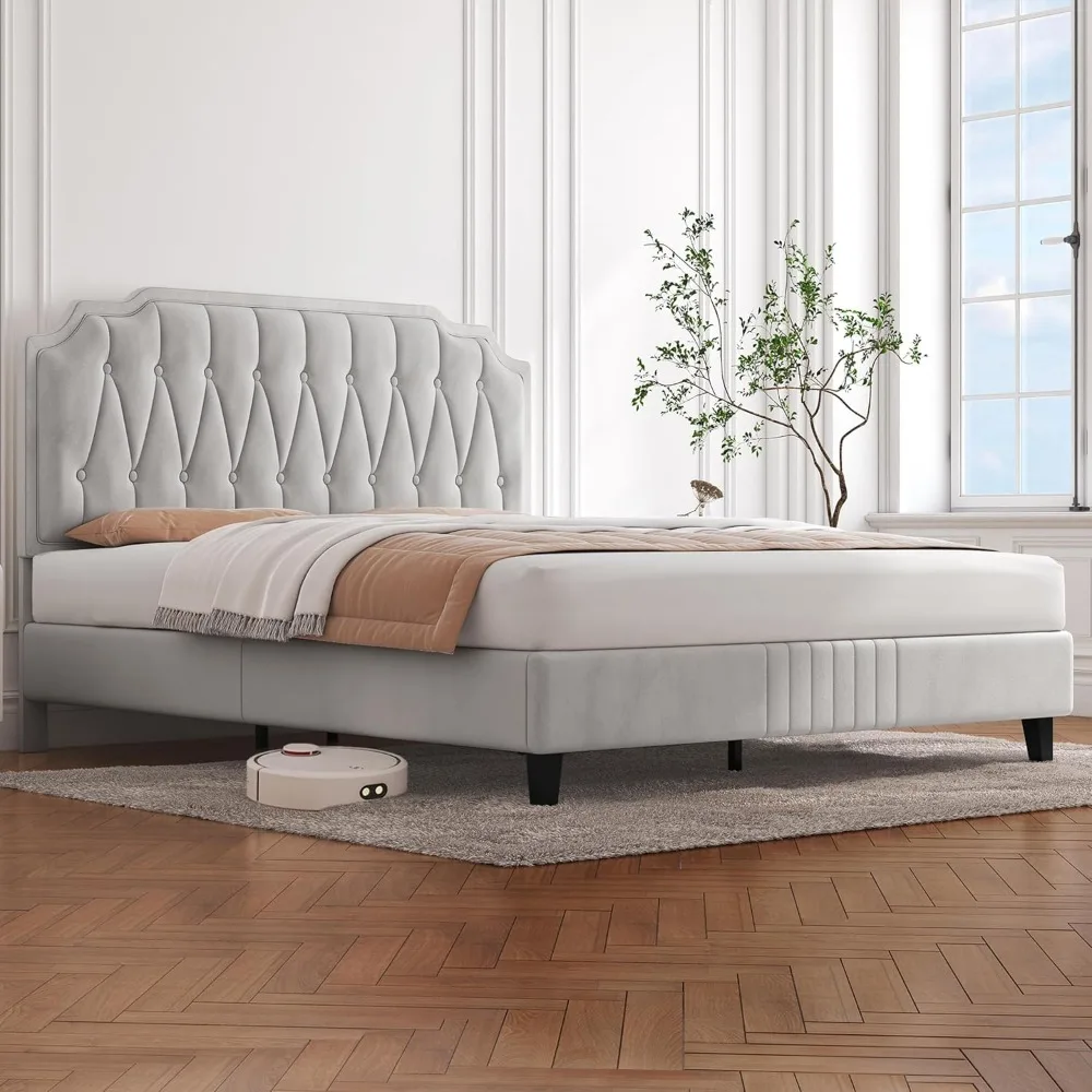 Yaheetech Queen Bed Frame Velvet Upholstered Platform Beds with Curved Headboard, Height-Adjustable Headboard Beige Queen Bed