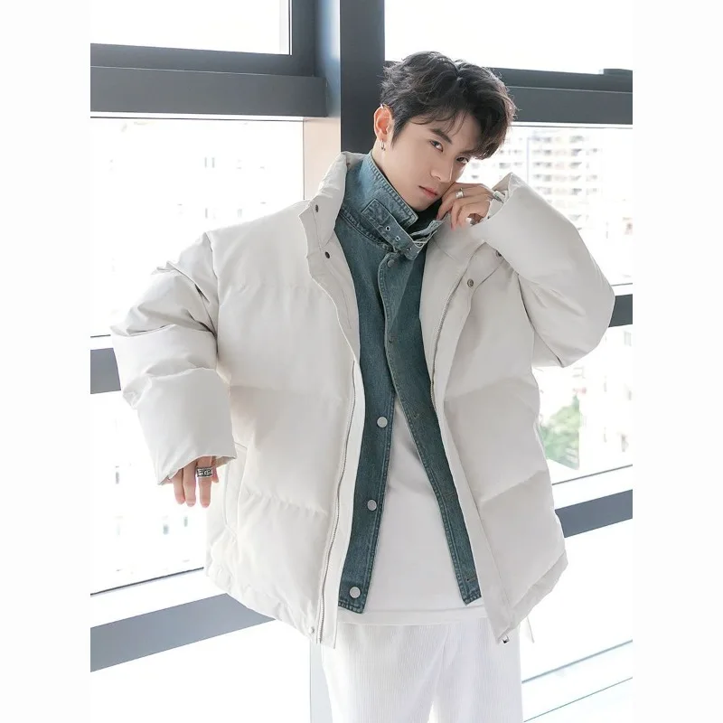 Harajuku الدنيم تقسم الوقوف طوق سترة منفوخة الرجال شتاء جديد سميكة قطعتين تصميم فضفاض عصري دافئ معطف الخبز عادية #3