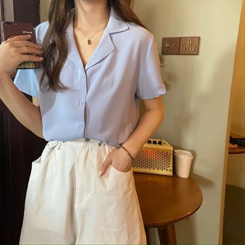 Shirts Women Korean Short Sleeve Turn Down Collar Loose Blouse Office Lady Retro Elegant All Match Solid Basic Casual Top