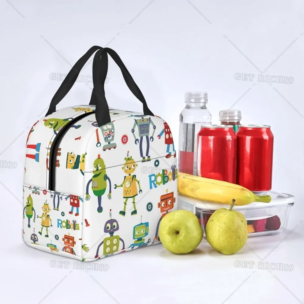 صندوق غداء معزول مطبوع عليه روبوتات كرتونية لطيفة للنساء والرجال، حقيبة غداء متينة خفيفة، حقيبة حمل محمولة للعمل المكتبي #6
