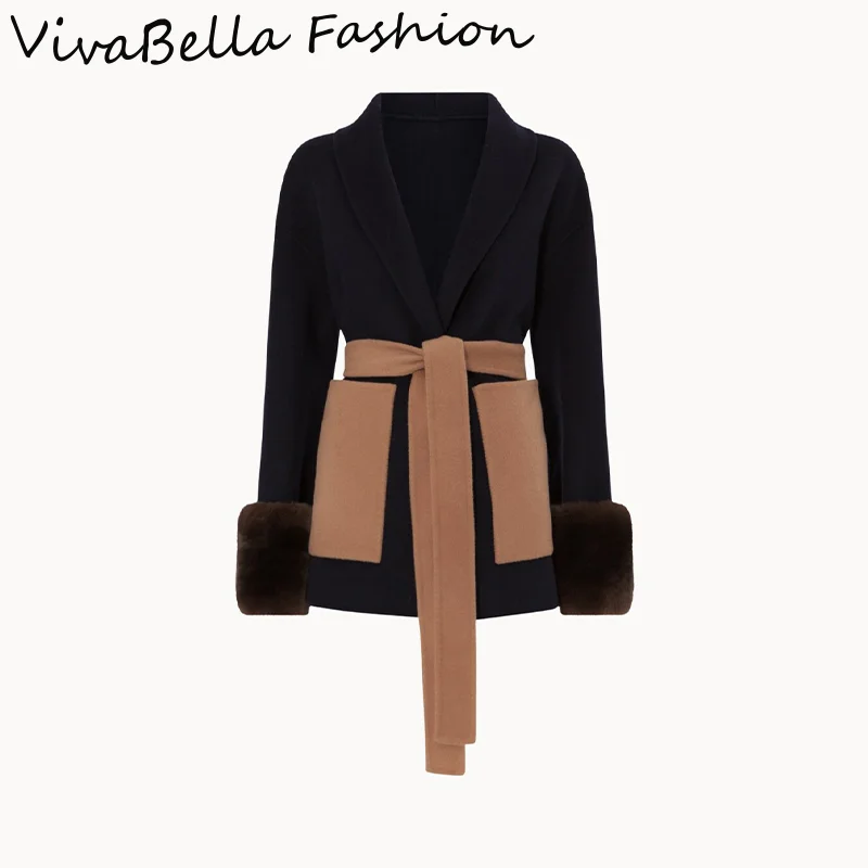 

Classic Woolen Blend Women's Coat Vintage Contrast Packet Lace Up Blazer Jacket Autumn Chic Patchwork Faux Fur Sleeve Outerwears