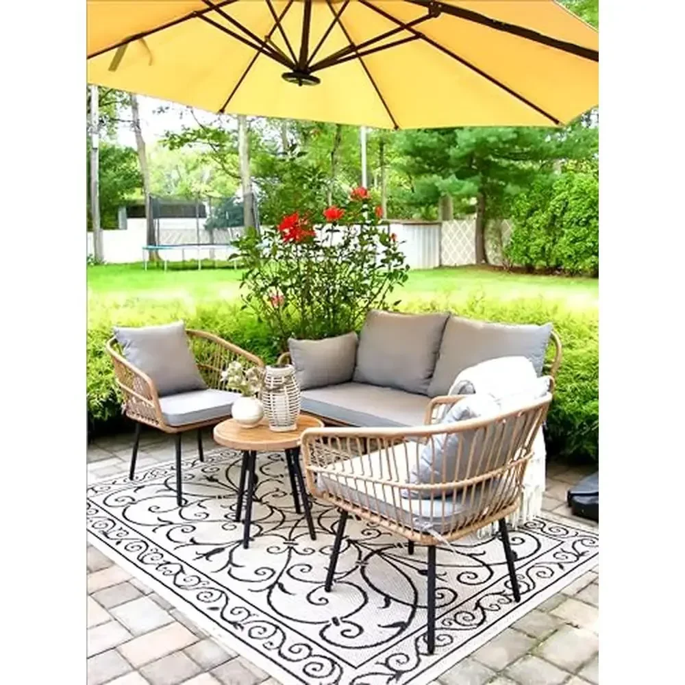 Outdoor Wicker Patio Furniture Set 4PCS Rattan Conversation Bistro Set Loveseat Chairs Table