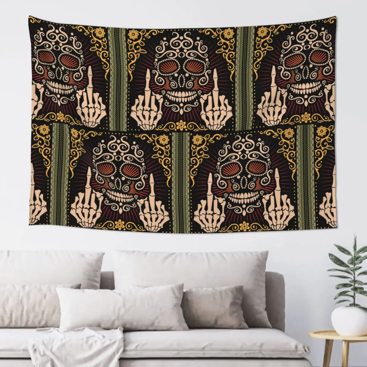 Sugar Skull Middle Skeleton Finger Mexican Filigree Day Of The Dead Tapestry Hippie Wall Hanging Aesthetic Home Decor Tapestries