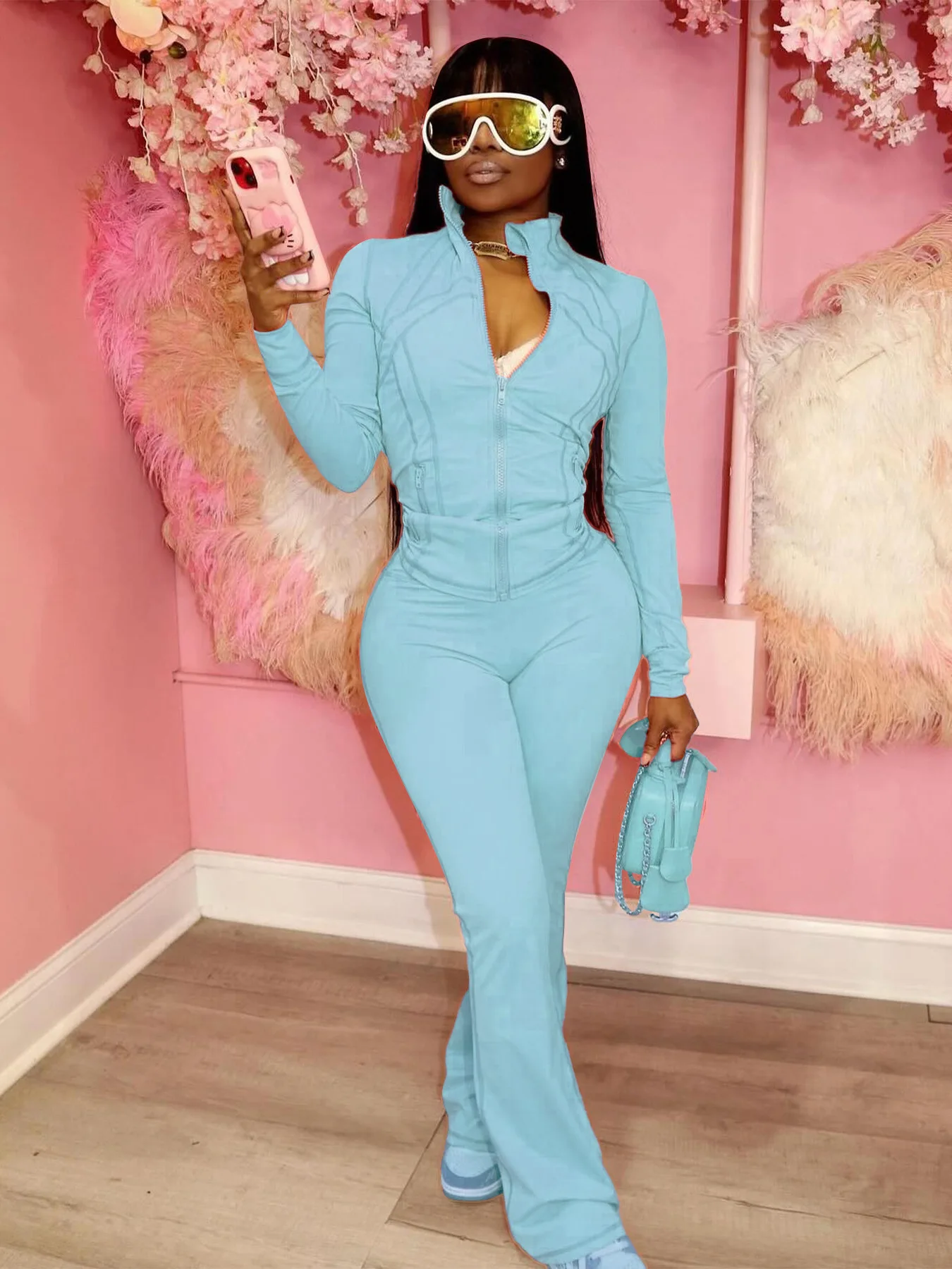 

Fashion Slim Sports Suit For Women Spring Casual Long Sleeved High Collar Zipper Top Sexy Tight Flare Trousers Two Piece Set