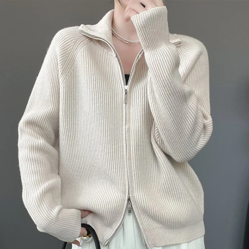 Classic Autumn Winter Women Sweater Long Sleeve Knitted Cardigan Office Lady Turn-down Collar Outerwear Casual Cashmere Jacket