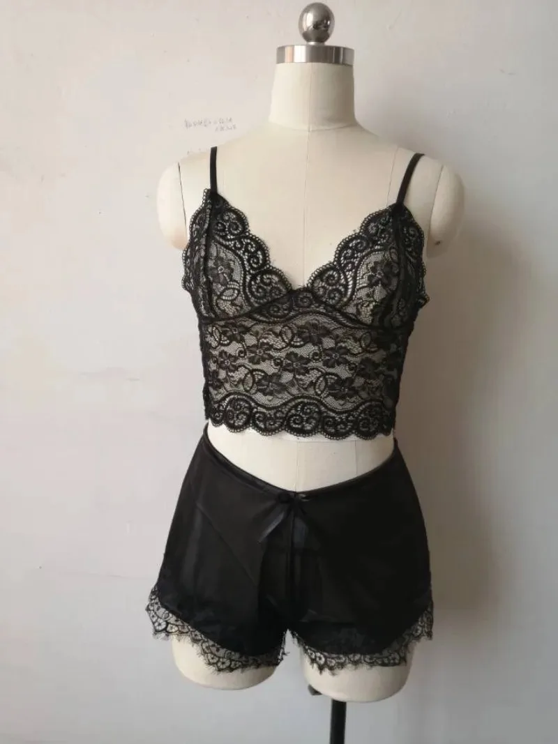 Ensemble pyjama 2 pièces Sexy en dentelle pour femmes, Bralette transparente, haut et short, vêtements de nuit respirants, grande taille, Lingerie d'été