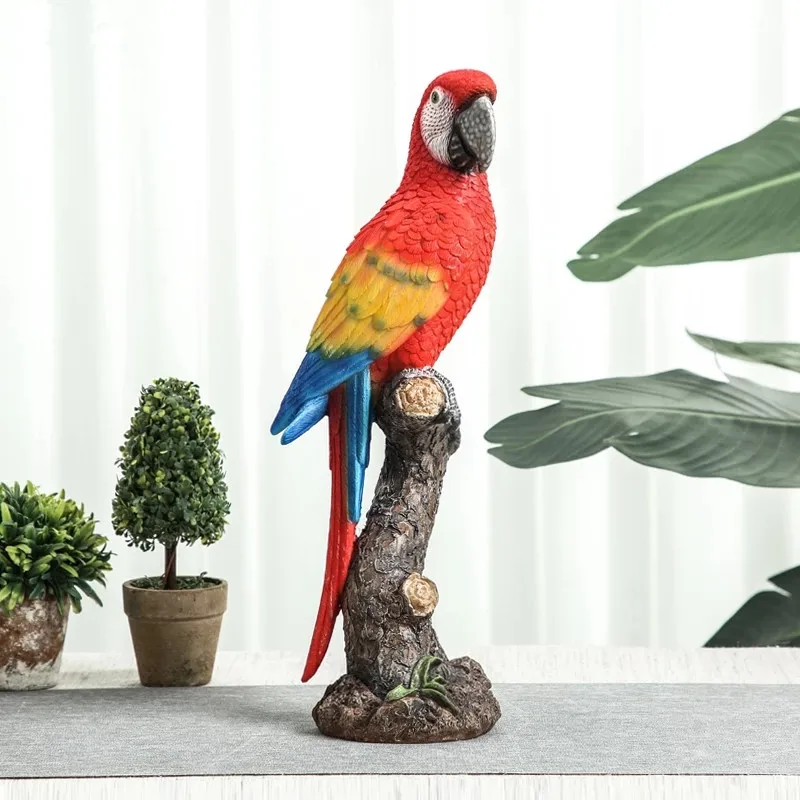 American Red Resin Parrot Desktop Decoration Cartoon Bird Crafts Cute Animal Statue Figurines Living Room Countertop