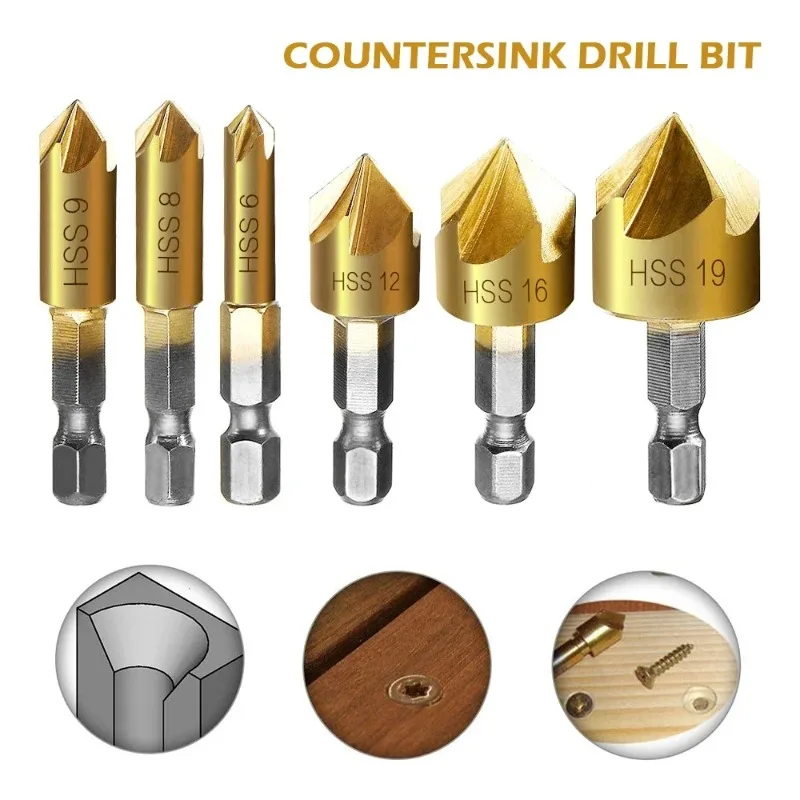 

BIESUO 6Pcs Hexagonal Handle Conical Countersink 90 Degrees Conical Countersink Drill Bit Coated for Metal with Hex Shank 6-19mm