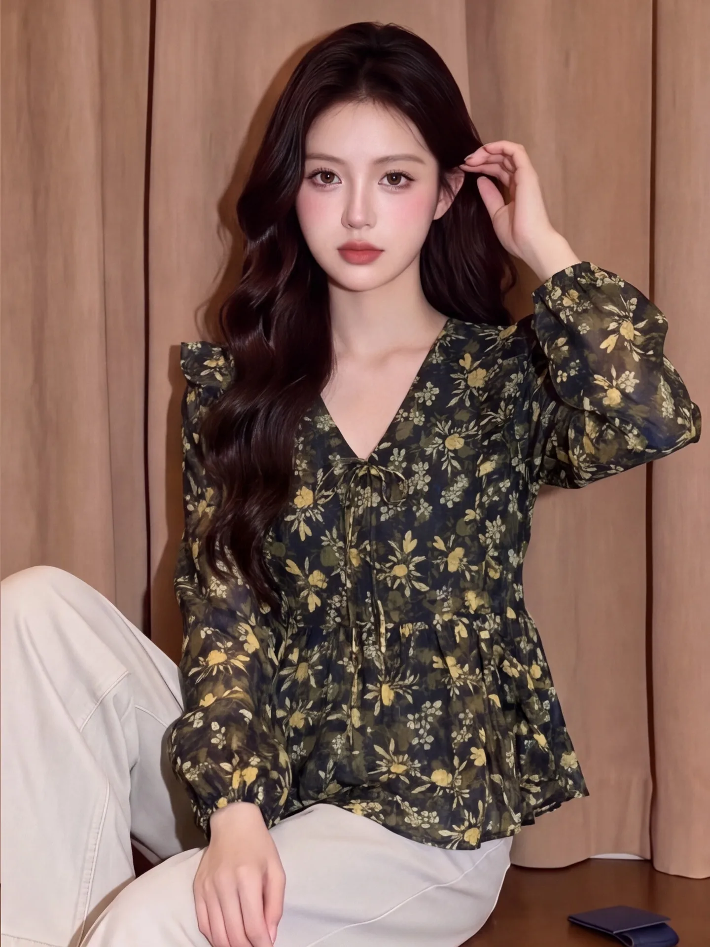 La Chapelle Floral Print V-Neck Loose Long Sleeve Women's Chiffon Top Elegant Style Korean Commute Fashion Bell Sleeve