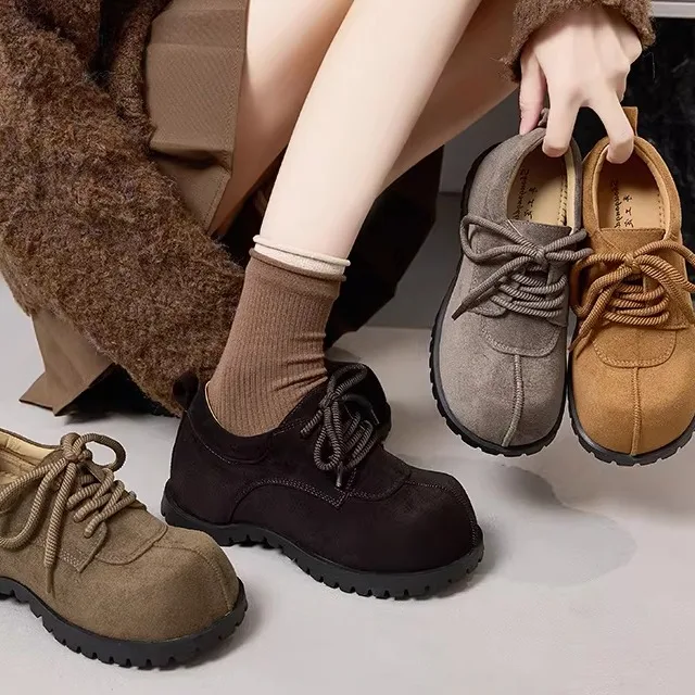 

Genuine Leather Mat Finish Women's Flats Thick Bottom Loafers Low Cut round Toe Rubber Sole Comfortable Casual Shoes