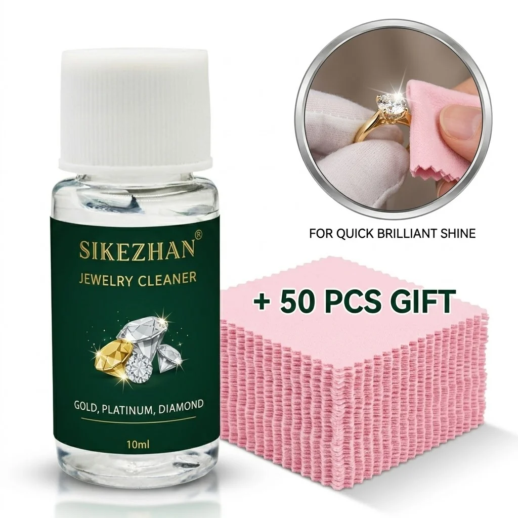 

10 мл жидкости для чистки ювелирных изделий и набор из 50 розовых полировочных салфеток для удаления потускнений с золотых, серебряных и бриллиантовых колец, портативная чистящая жидкость