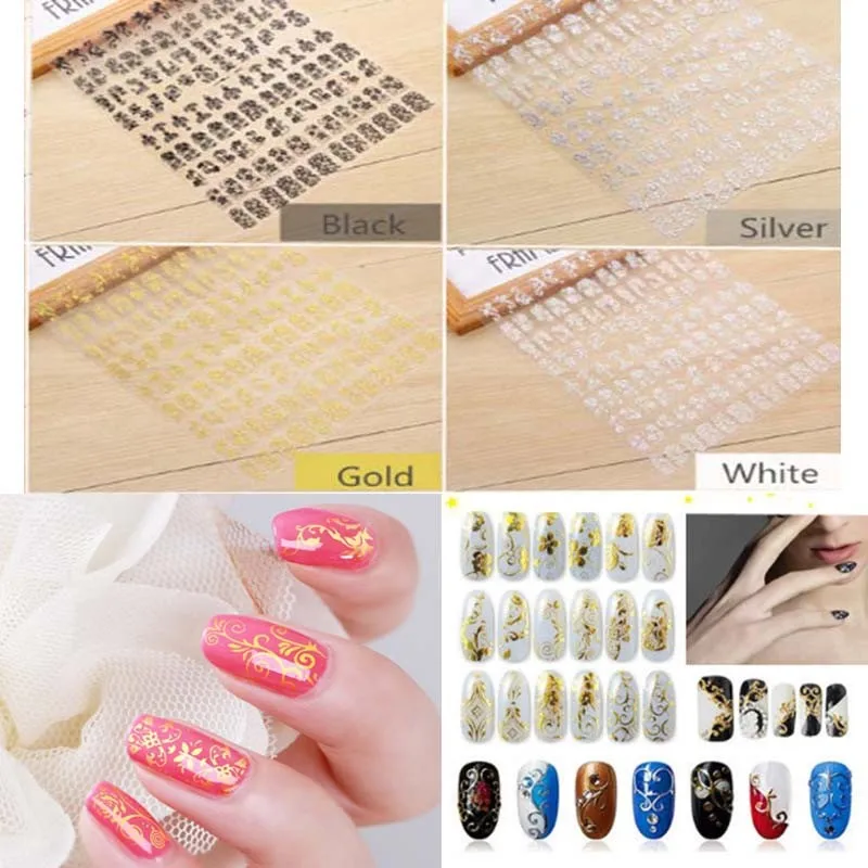 108pcs/sheet Gold/Silver 3D Metal Flower Lace Nail Sticker 5 Colors Metal Bronzing Sticker Decal DIY Nail Slider (18.4 x 21.4cm)