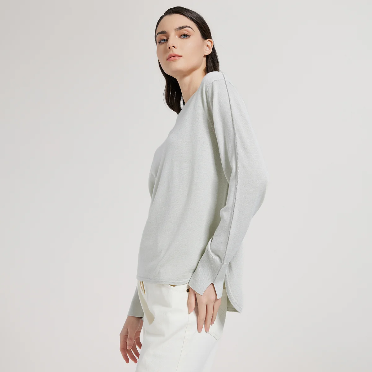 BC1025 In Stock High Quality Luxury Women's Round Neck Long Sleeve Knitted Sweater Spring 30% Silk 70% Wool Sweater