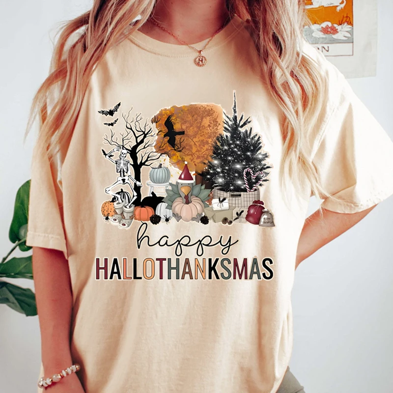 Happy Hallothanksmas T-shirts For Women Happy Halloween Thanksgiving Christmas T-shirt Fashion Ladies Short Sleeves Tshirt