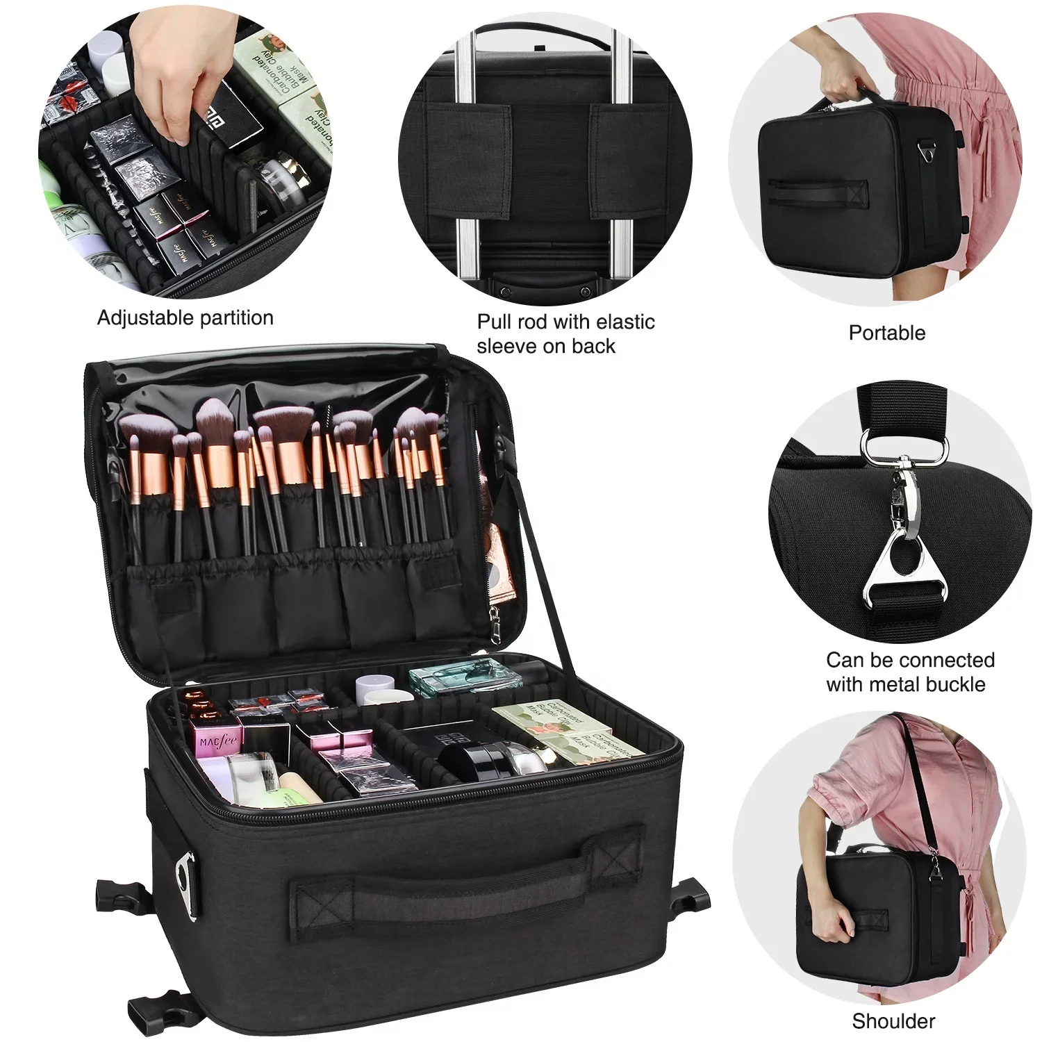 -for Relavel Professional Rolling Black Nylon Cosmetic Cases 4 In 1 Makeup Train Case Travel Cosmetic Bags For Makeup Artist view 5
