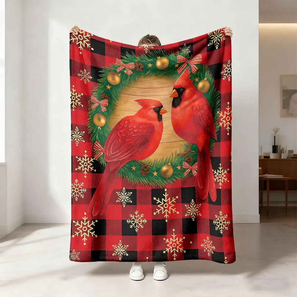 1pcs 230g flannel blanket decorated with Christmas cardinal flower garland and snowflake pattern comfortable to use