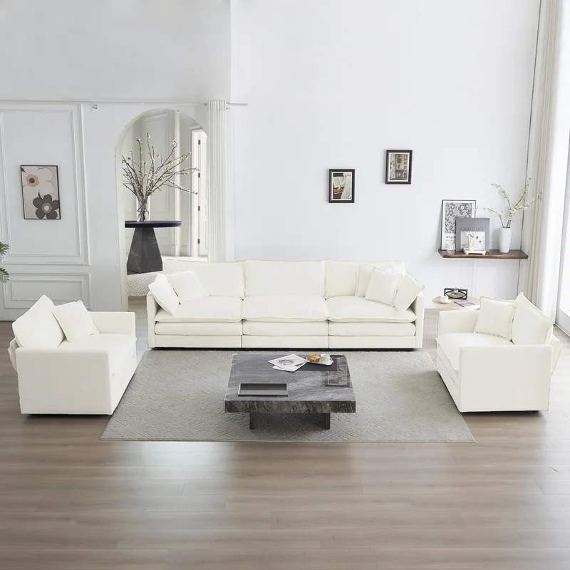 

Modern 3-Piece White Sofa Set with Round Arms: Accent Chair, Loveseat, and Three-Seat Sofa