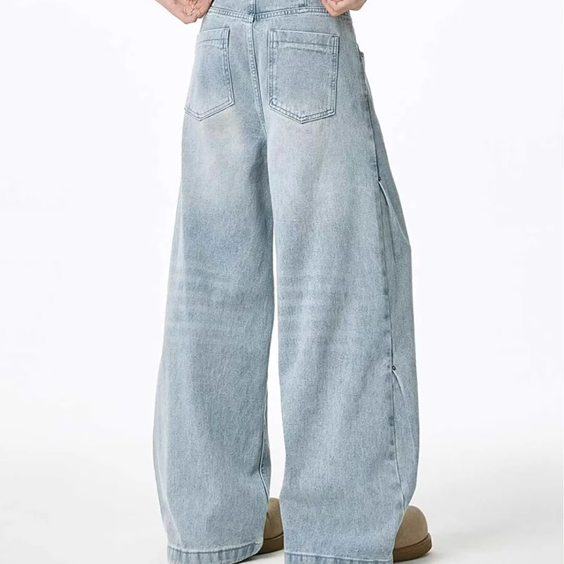 2026 Men’s American Vintage Washed Curved Blade Jeans High Street Style With Pleated Design Trendy Couple