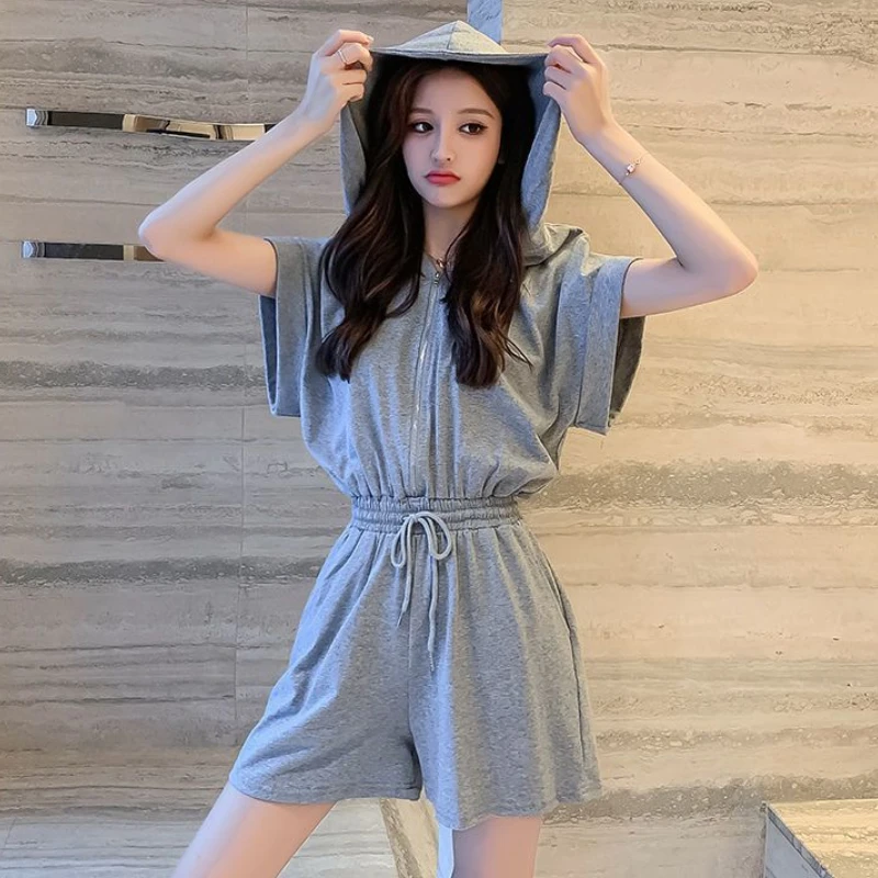 

Hooded Rompers Women Baggy Wide Leg Trousers Korean Fashion Clothes Summer Minimalist Students Pure Designer Streetwear Leisure