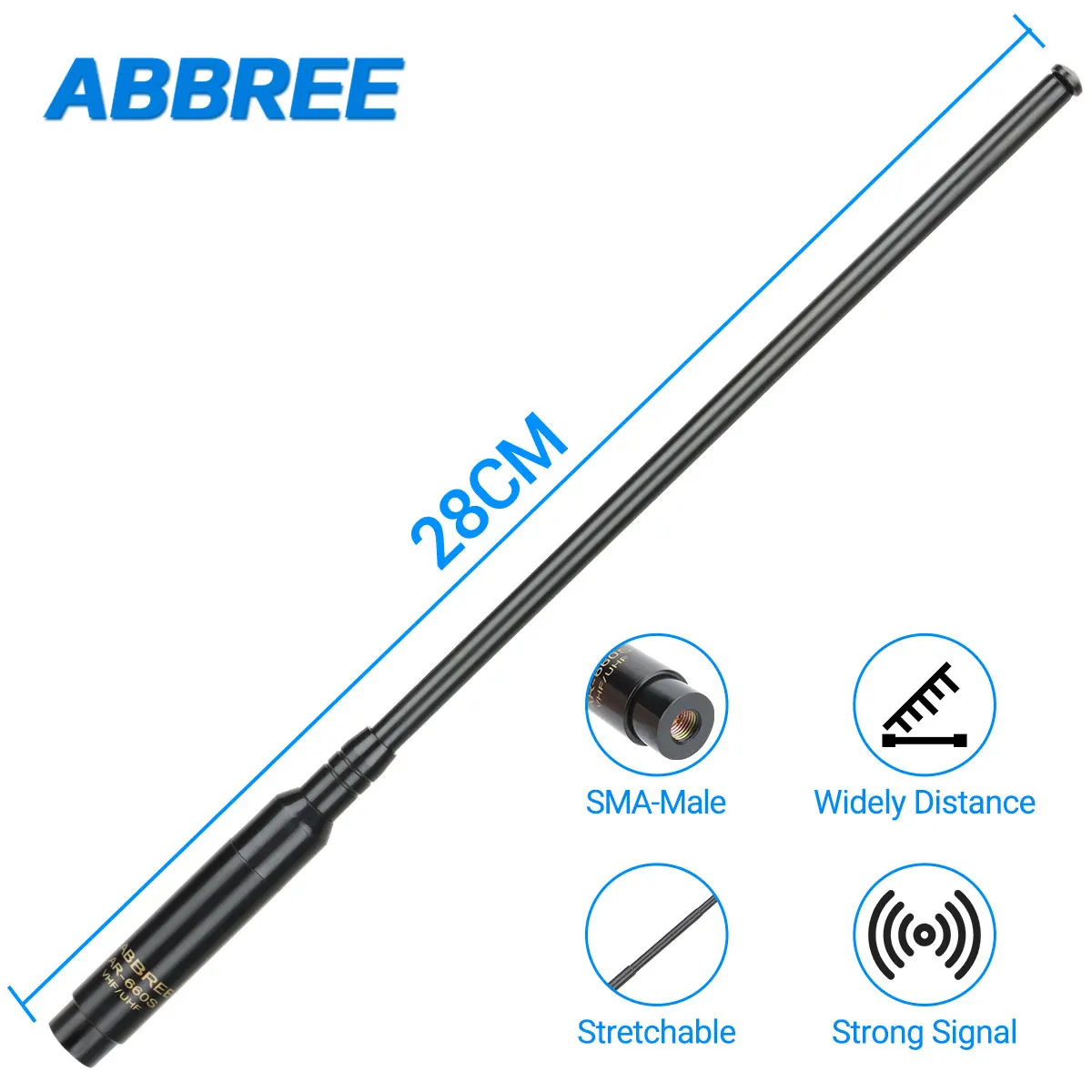 ABBREE AR-660S SMA-Male Telescopic Extendable Antenna for Walkie Talkie Dual Band 144/430MHz for YAESU Vertex TYT Wouxun Radios