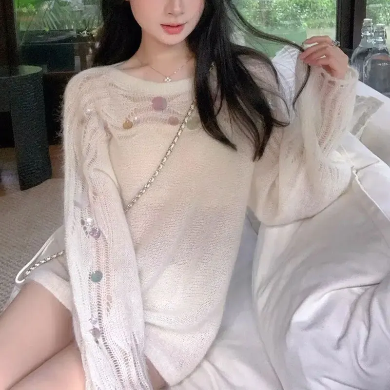 Female Clothing Solid Color Hole Pullovers Knitted Fashion Sequined Autumn Loose Basic Long Sleeve Casual Round Neck Sweaters