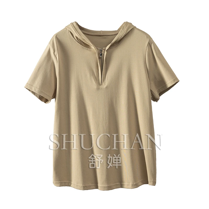 

hooded new 2024 t shirt women COTTON SPANDEX Viscose lyocell women t shirt short sleeve