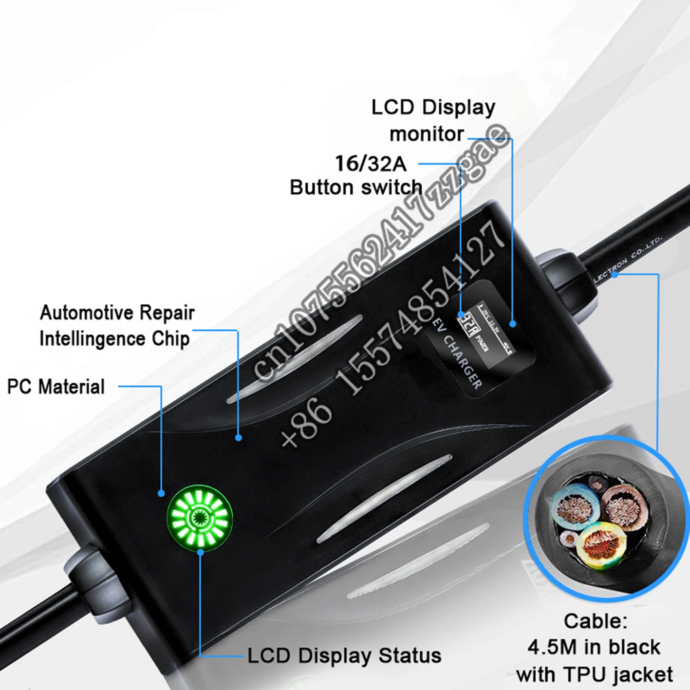 Custom led screen portable charger 32a ev charger 240V portable evse sae j1772 type 1 eu plug