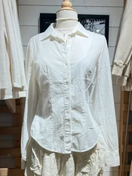 White Striped Slim Shirts Women Spring Turn-down Collar Cotton Single Breasted Blouse Fashion Sweet Solid Long Sleeve T-shirts