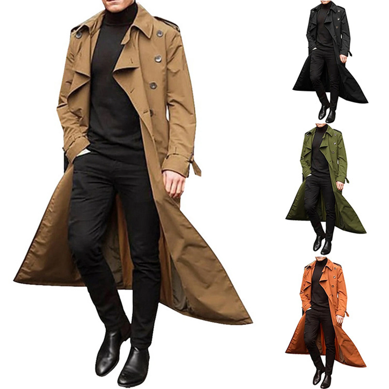 Classic Lapel Long Sleeve Jacket Slim Fit Solid Color Belted Trench Coat Gift for Christmas Birthday New Year