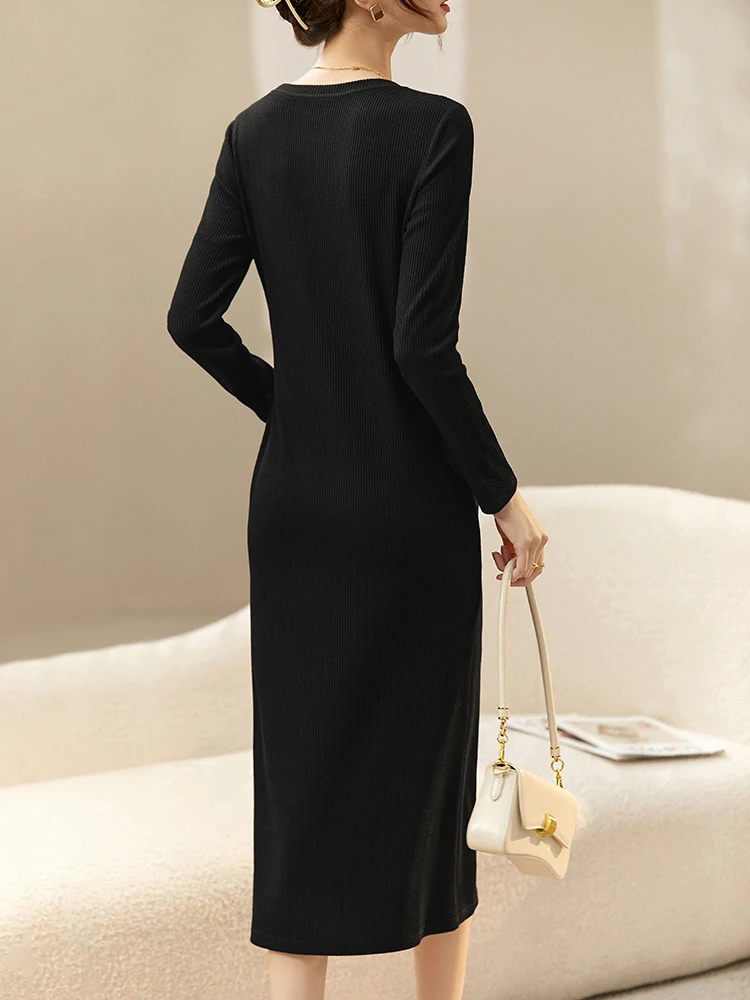 SENTUBILA Black Split Knitted Dress for Women Knitwear 2024 Autumn Fall High Quality Elegant Tie Belt Midi Slit Dress Q23L45144