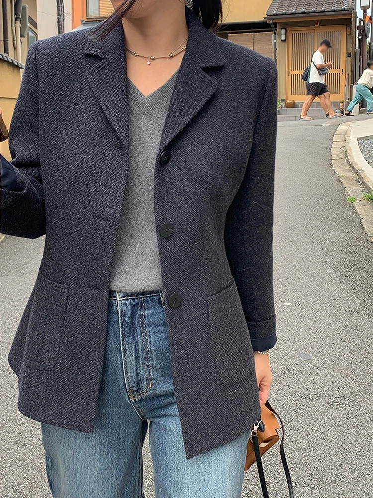 

50 Wool Women Notched Collar Blazer Jacket Coat Fall Winter Thick Warm Overcoat Pocket Fashion Slim Waist Buttons Coat 2024 New