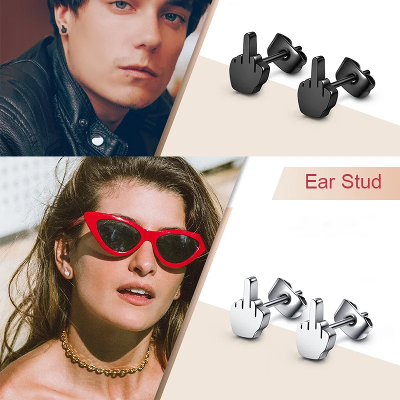 Middle Finger Earrings 1Pairs Funny Stud Earrings for Women - Gold, Silver, Black Ear Studs for Men