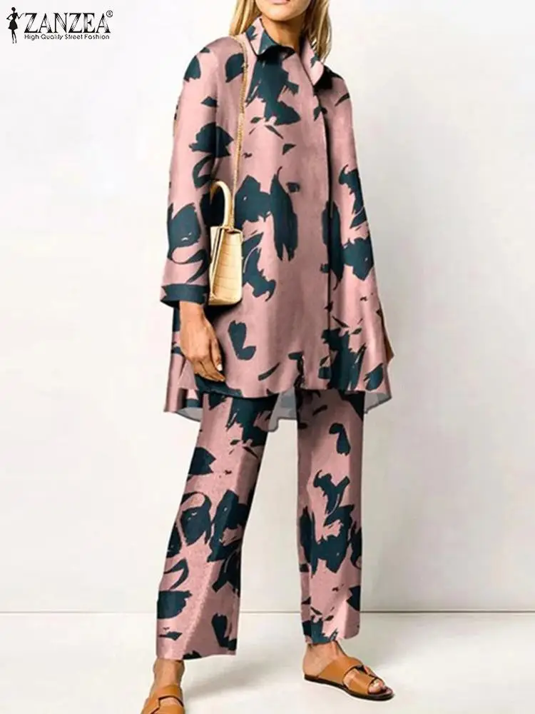 ZANZEA Women Casual Pants Sets Outfits Oversized Fashion Printed Long Sleeve Blouse Wide Leg Pant Streetwear Loungewear Set Suit