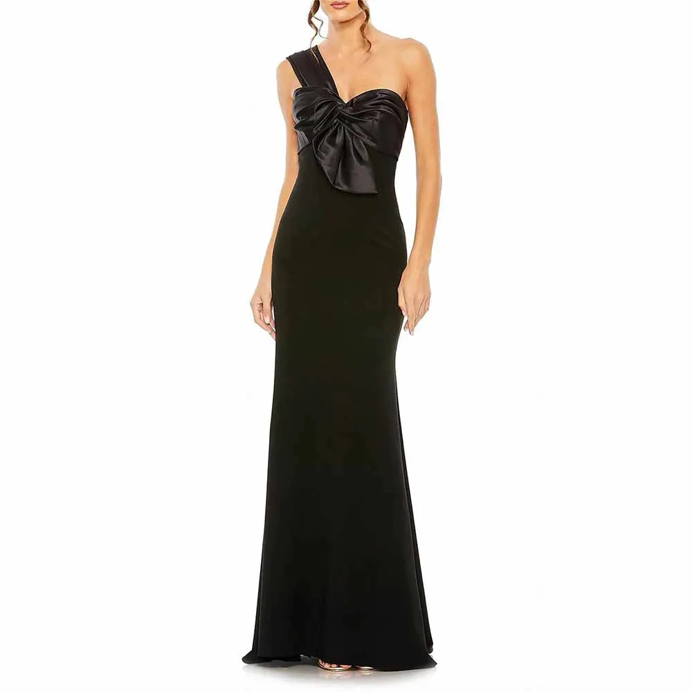 

Charming Sorority Formal Dresses Satin&Jersey Mermaid/Trumpet Evening Dress Black One-shoulder Pleat Bow Homecoming Dress Long