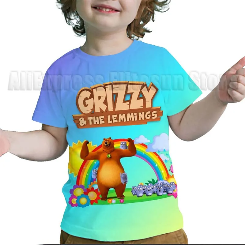 Camisetas con estampado 3D de Grizzy and the Lemmings para niños, camisetas de dibujos animados para niños pequeños, camisetas de Anime para niños y