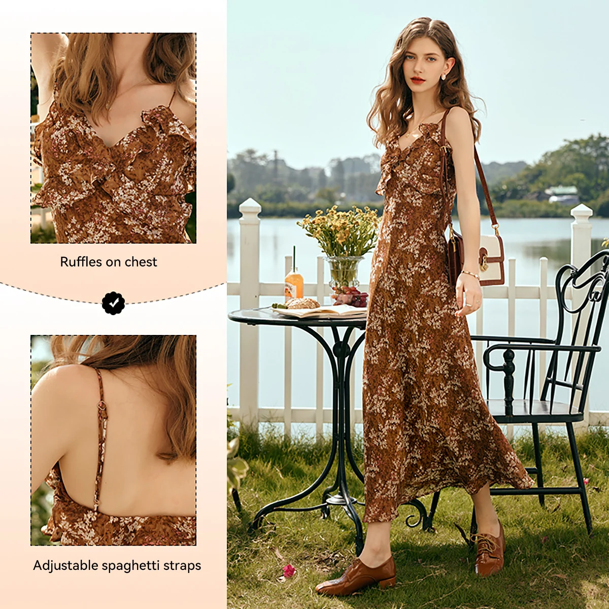 OLrain 花柄プリントキャミドレス女性 2025 夏フレンチファッションフラウンスエッジサンドレスパーティーエレガントロングドレス O24CL89198