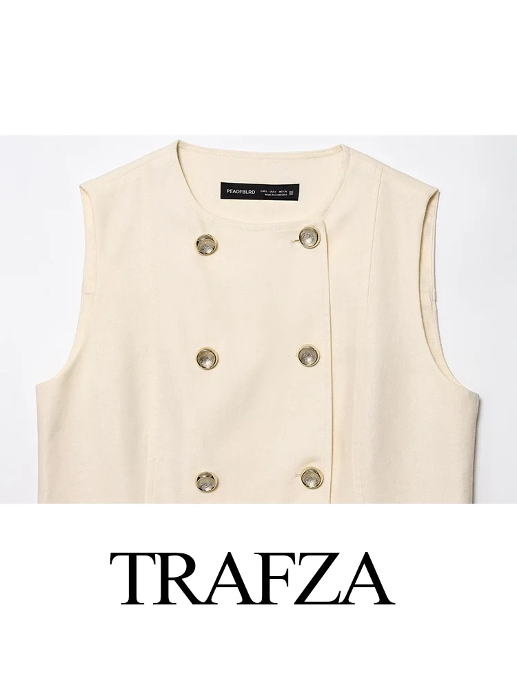 

TRAFZA Women Summer Fashion Crew Neck Double-Breasted Vest Sleeveless Top+Chic High Waist Zipper Pockets Casual Pleated Shorts