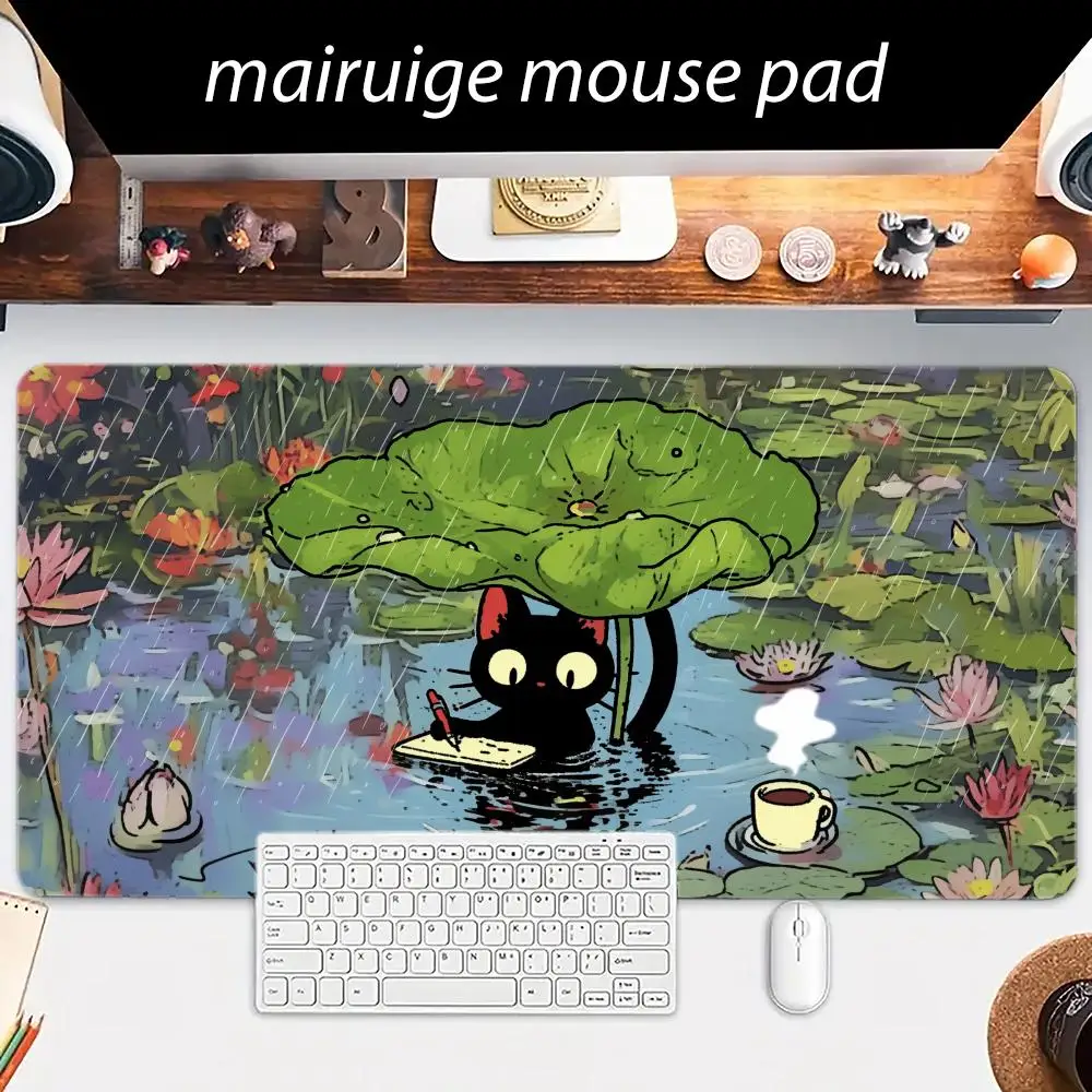 漫画風黒猫マウスパッド 大型コンピューターオフィスゲームテーブルマット XXL ラバー滑り止めステッチエッジキーボードマット ロングデスクパッド