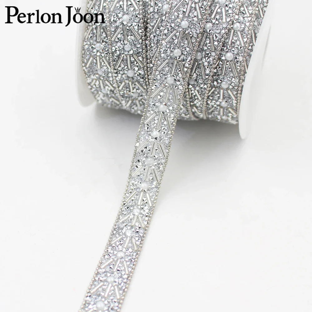 width 18mm silver pearl chain crystal hot fix rhinestone trim tape iron on webbing clothing bags shoes craft decoration TR167